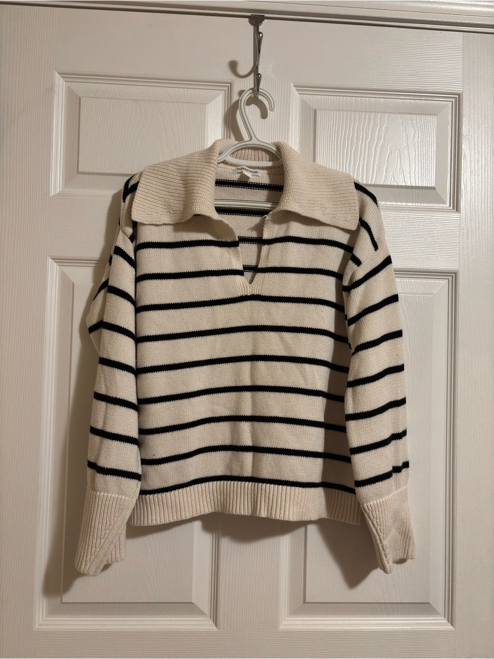 Women’s Cream Stripe Knit Polo Sweater(90% cotton and 10% cashmere)